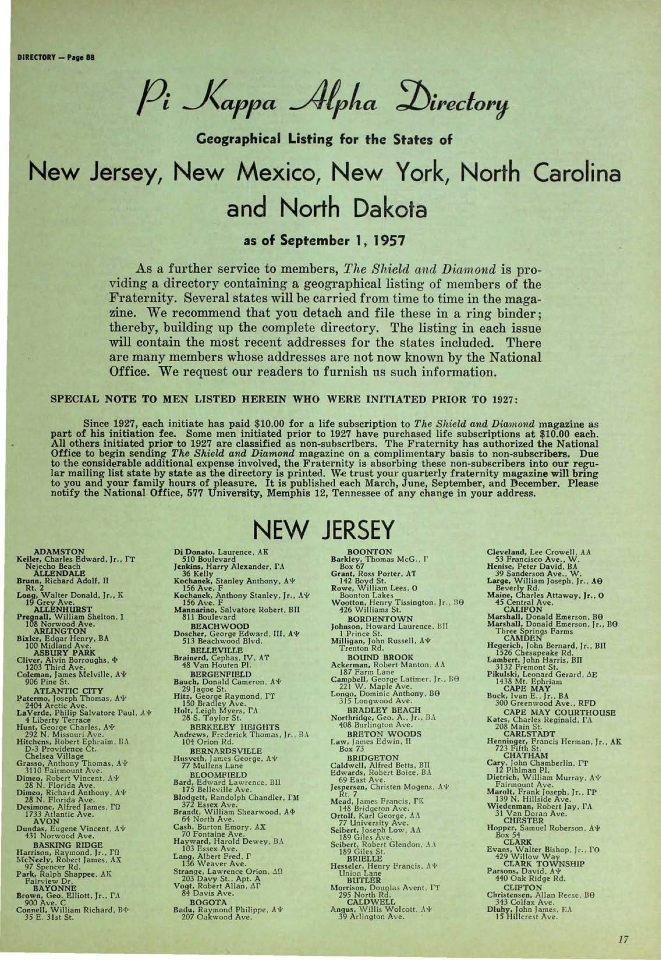 Pi Kappa Alpha Directory, December 1957